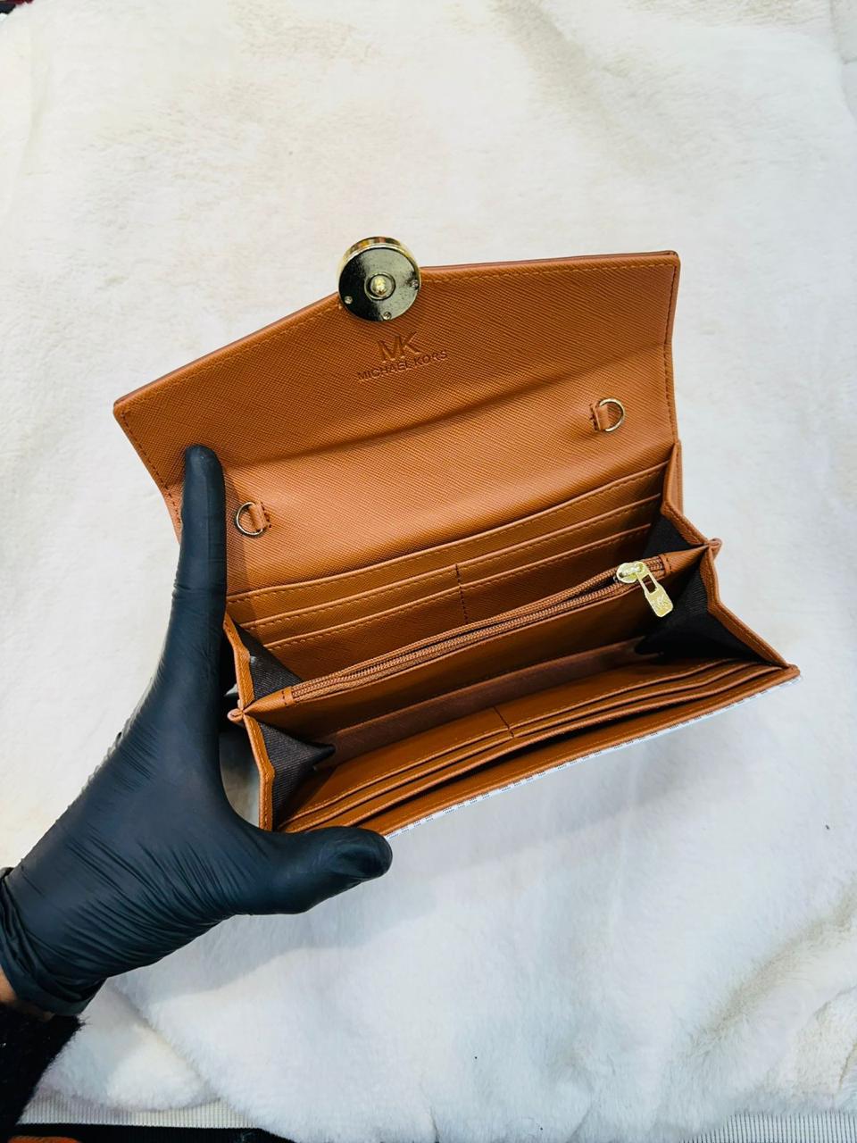 Elegant MK Style Brown & White Logo Clutch Wallet