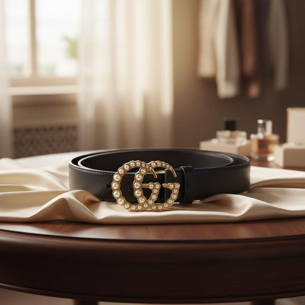 Gucci Marmont Pearl-Embellished Leather Belt