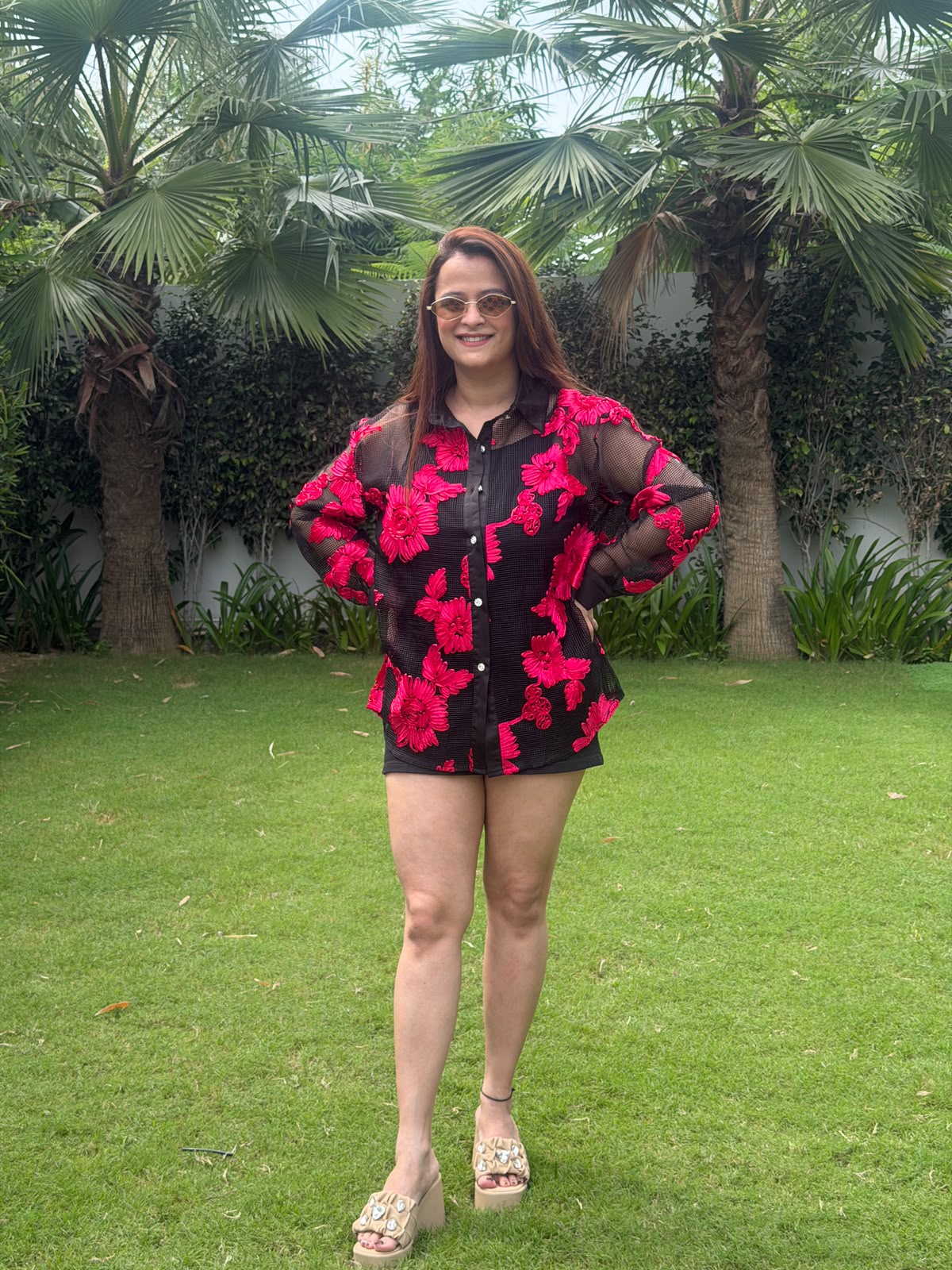 Beautiful black mesh button-down shirt with textured pink floral PO163