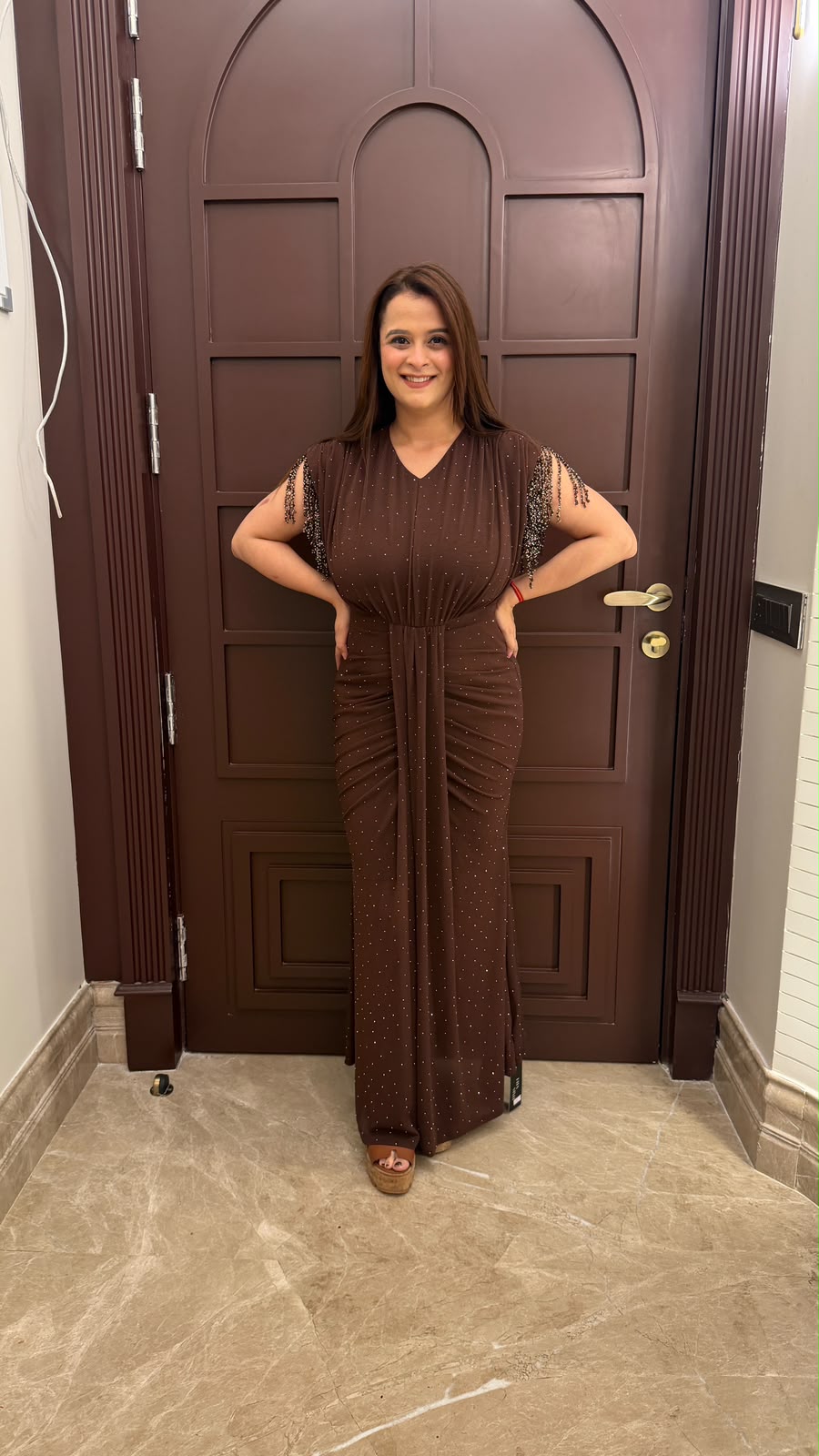 Elegant brown embellished draped long dress PO167