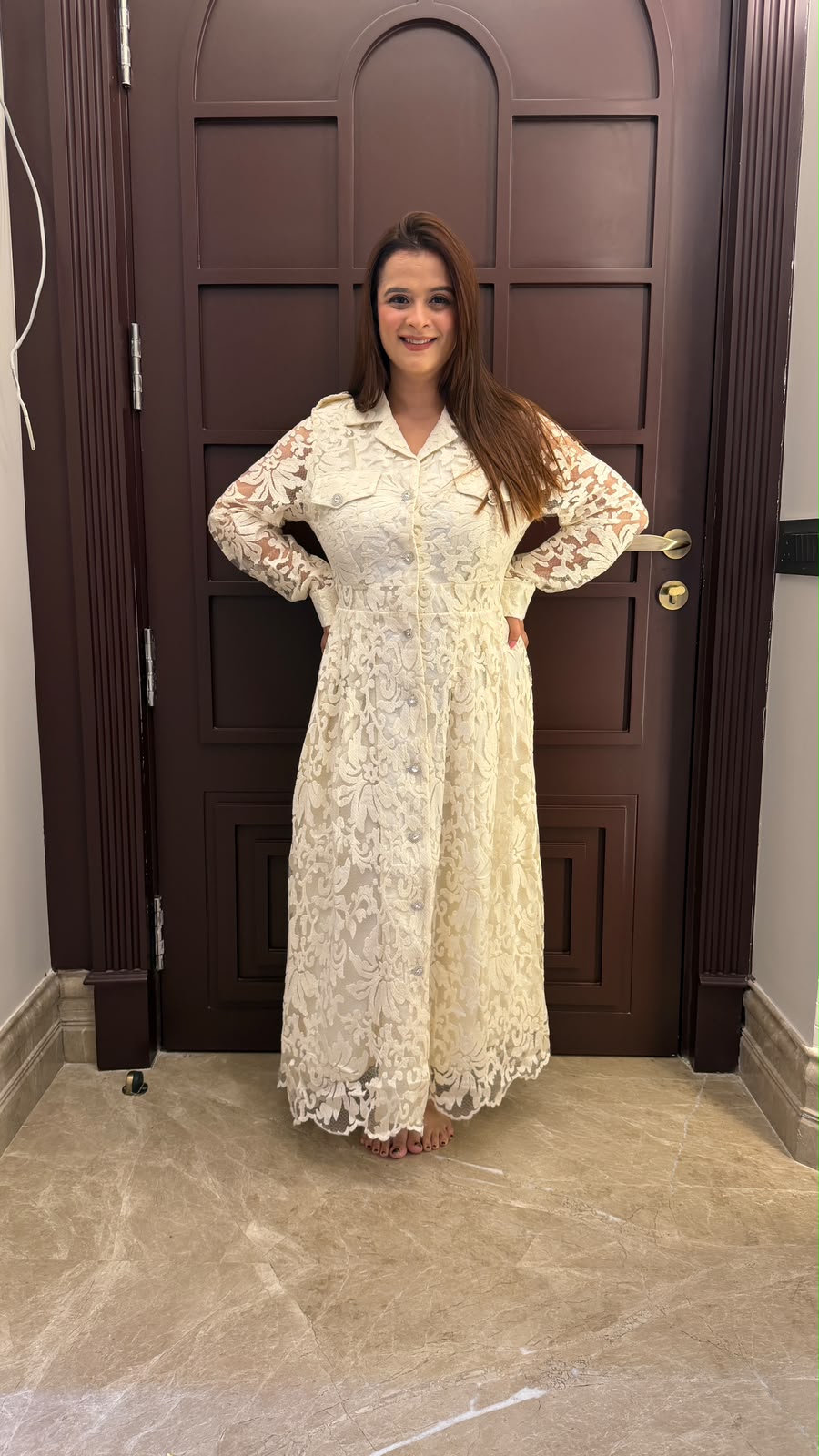 Elegant cream-colored floral lace button-down maxi shirt dress with long sleeves PO169