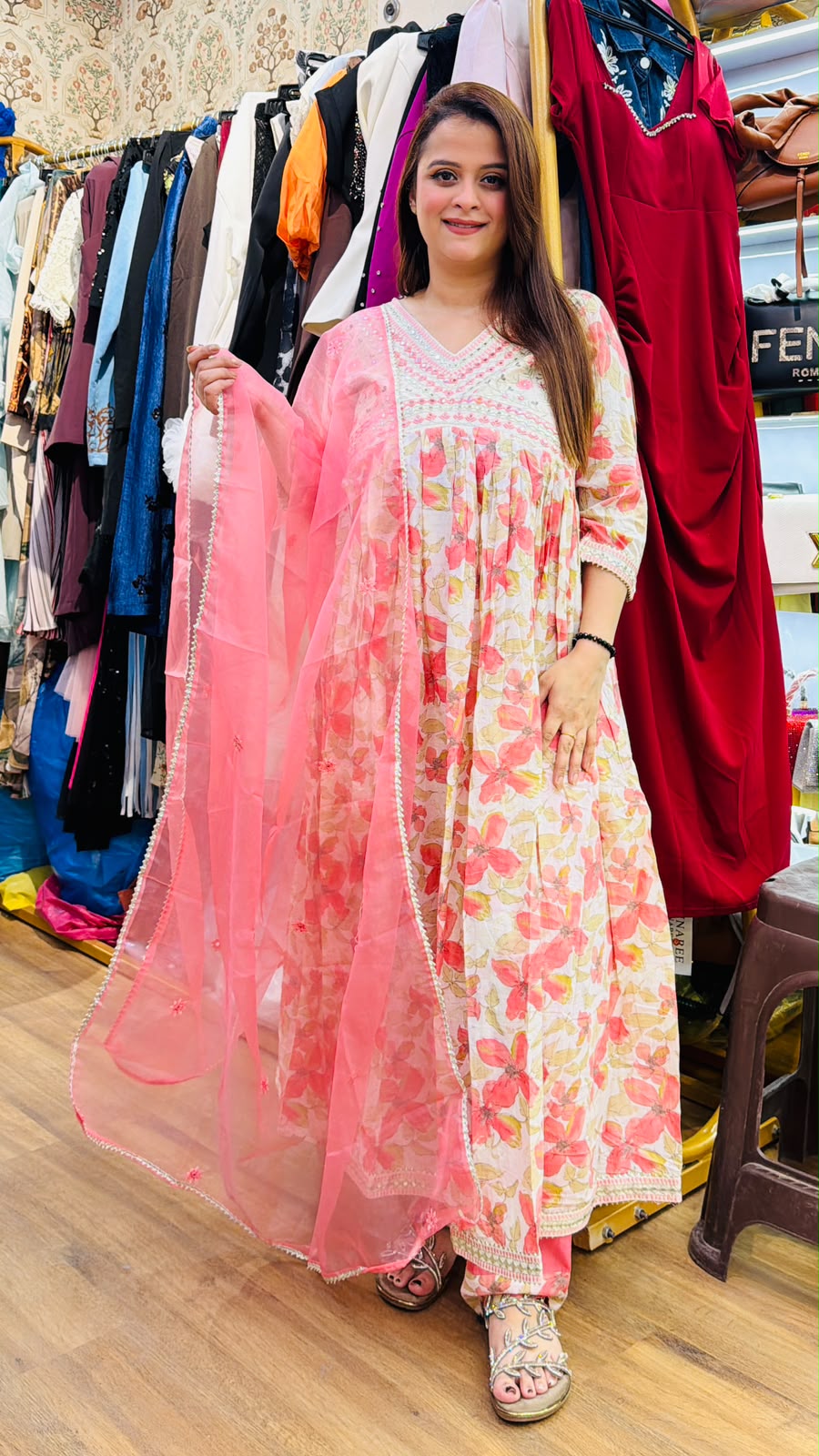Elegant white and pink floral printed anarkali kurta set PO186
