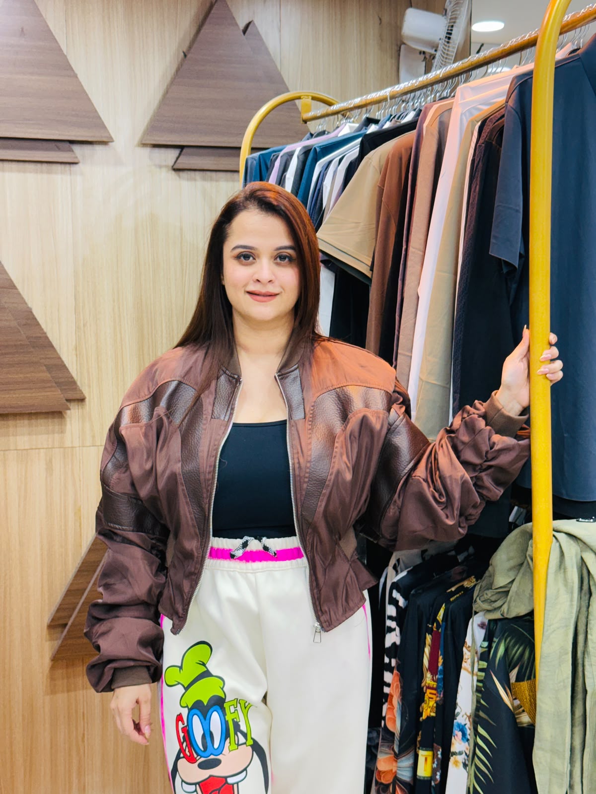 Beautiful brown, zip-up faux leather and satin color-block cropped bomber jacket PO207