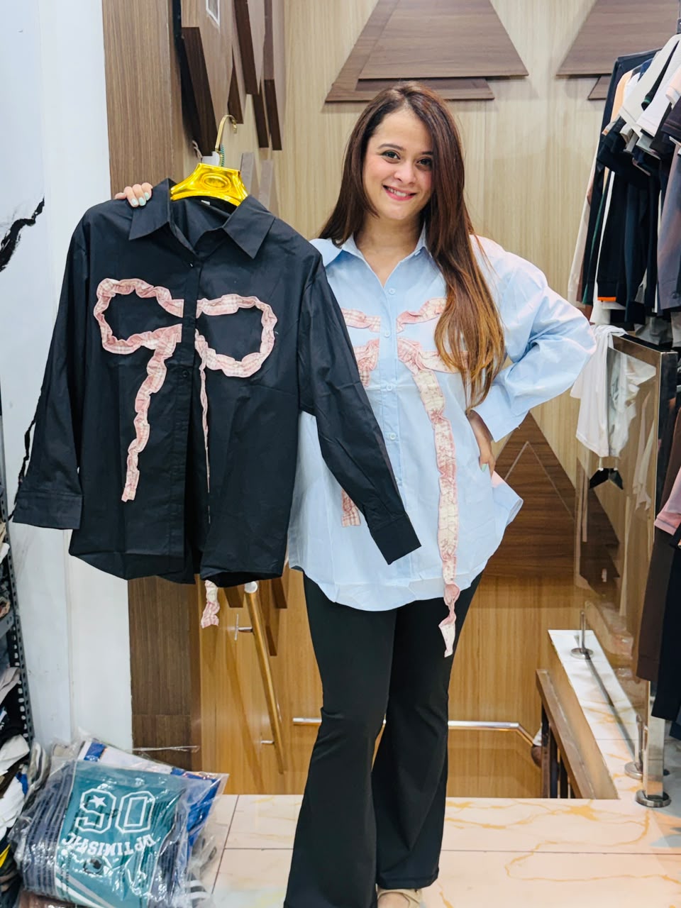 Beautiful Metallic Printed Bow Cotton Shirt PO101