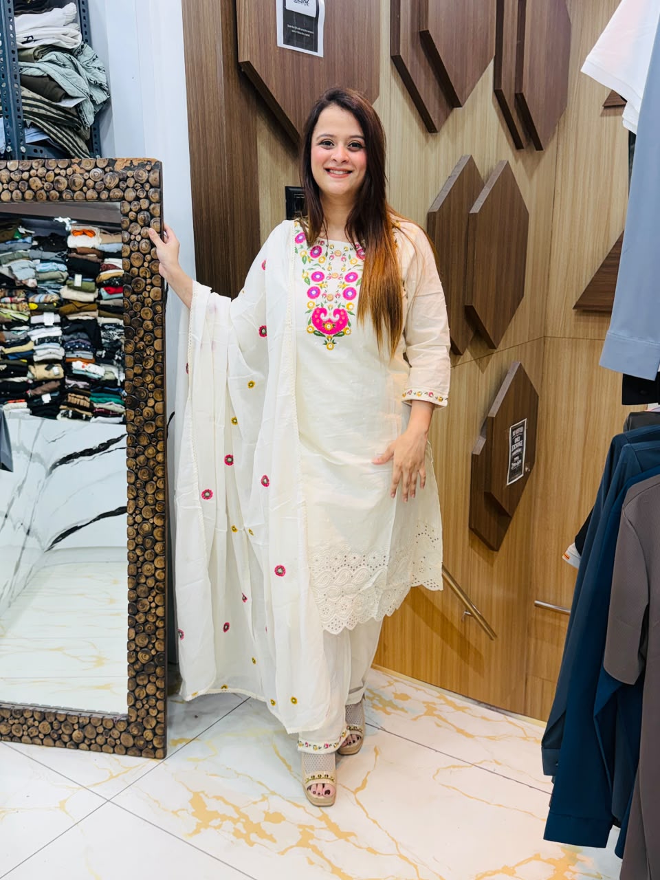 White Malmal Cotton Embroidered Pant Suit Set PO108
