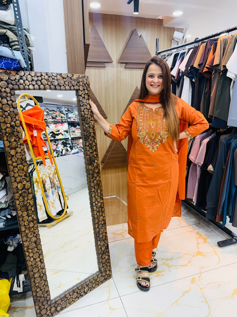 Beautiful Orange embroidered cotton pant suit set PO109