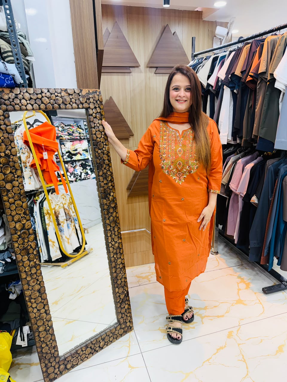 Beautiful Orange embroidered cotton pant suit set PO109