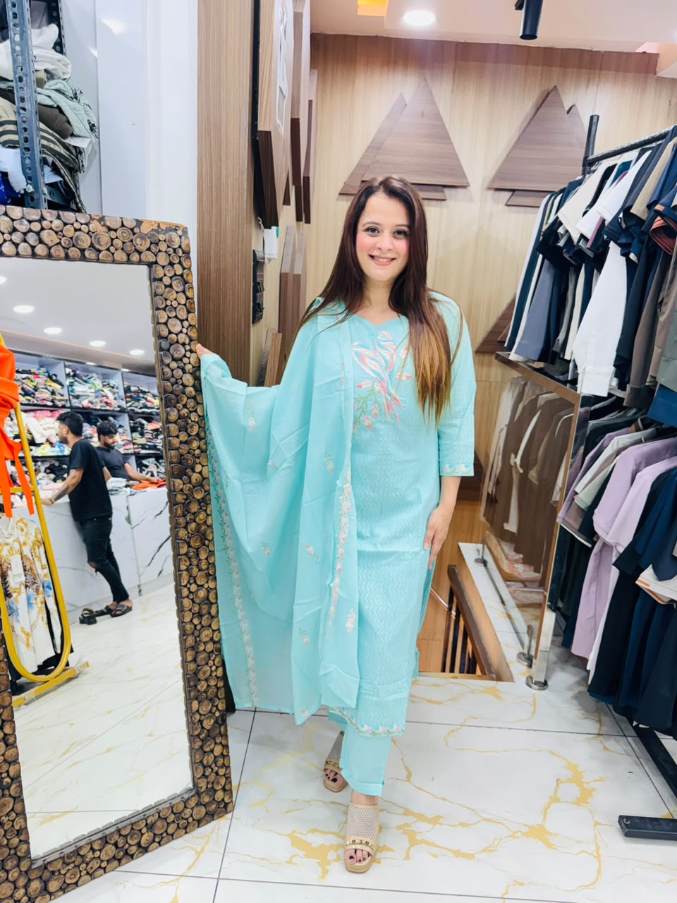 Elegant Sky Blue Embroidered Cotton Kurta Pant Set PO110