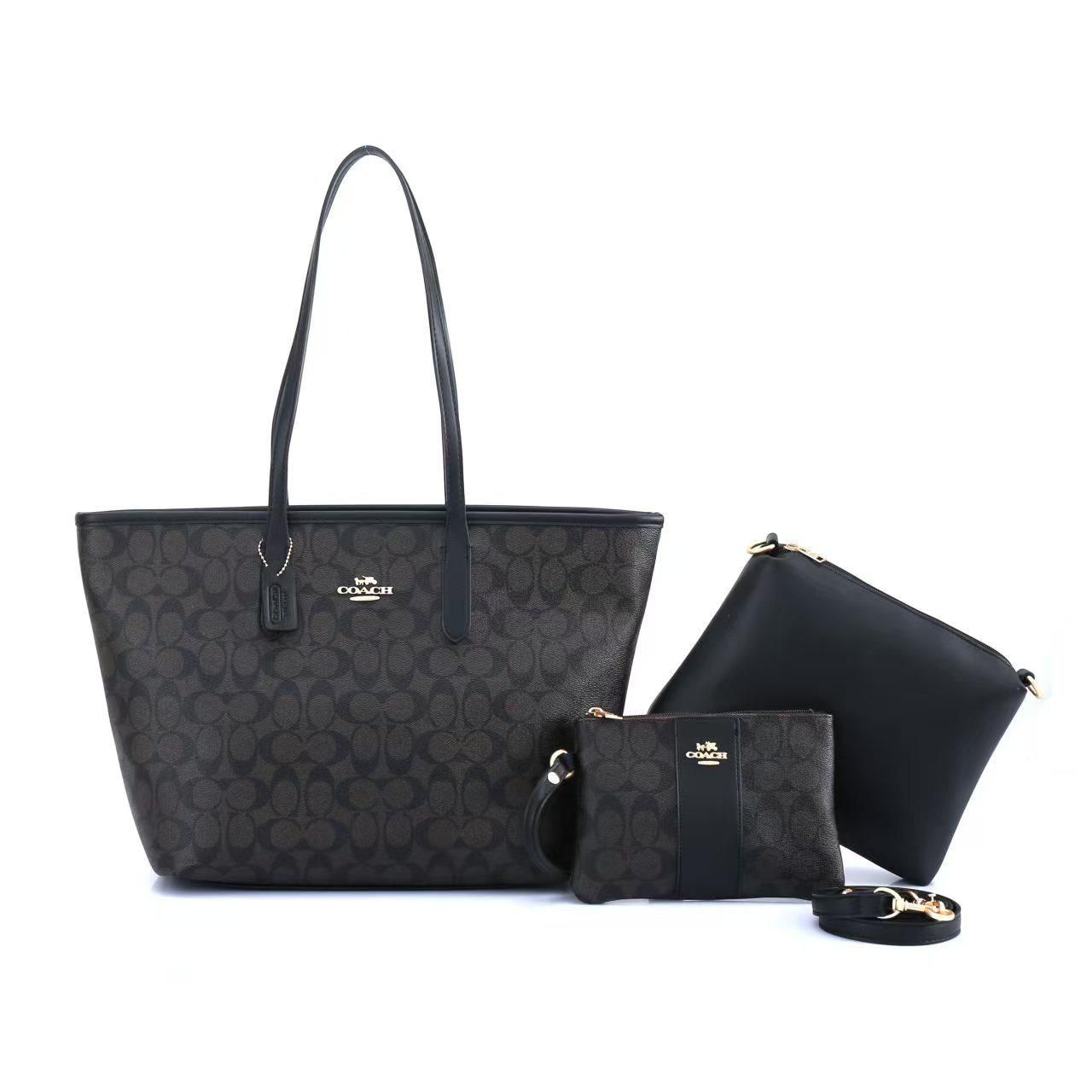 Coach Signature Black 3-in-1 Tote, Crossbody & Wristlet Set PO23