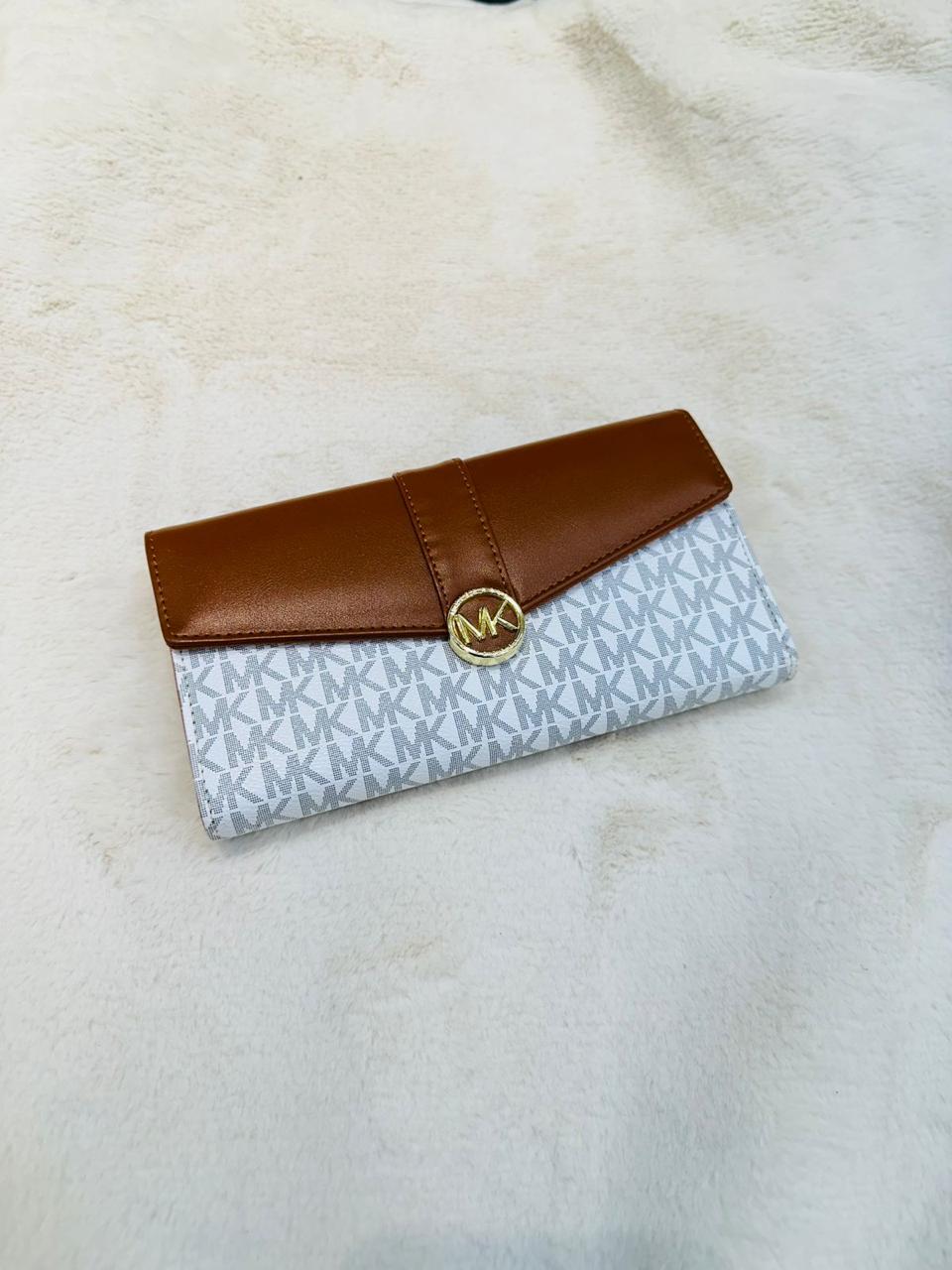 Elegant MK Style Brown & White Logo Clutch Wallet