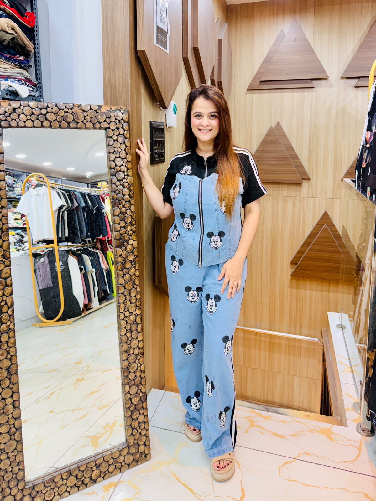 Elegant Mickey Mouse print denim Co ords set PO117