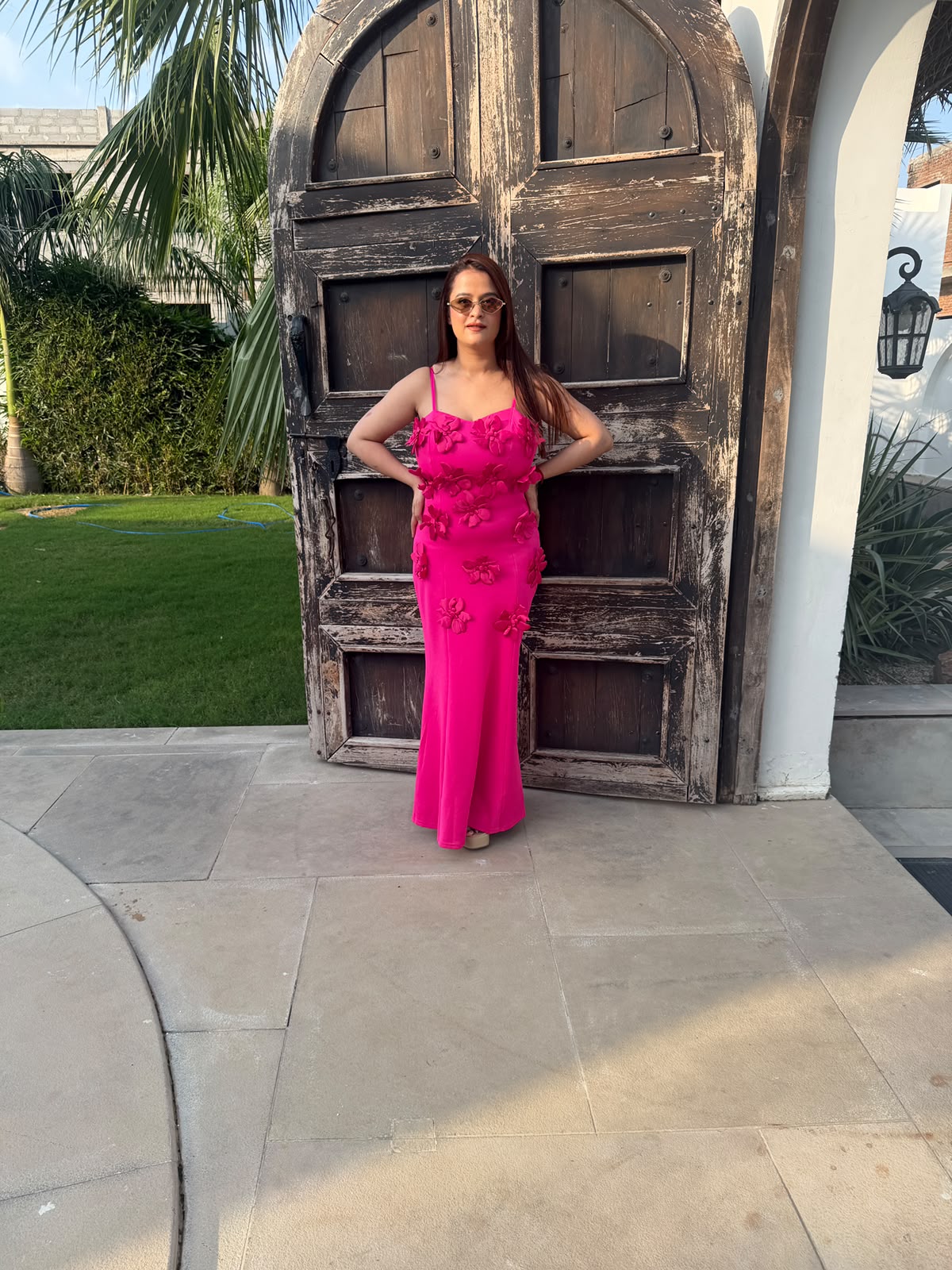 Beautiful  hot pink maxi dress adorned with delicate 3D floral PO162