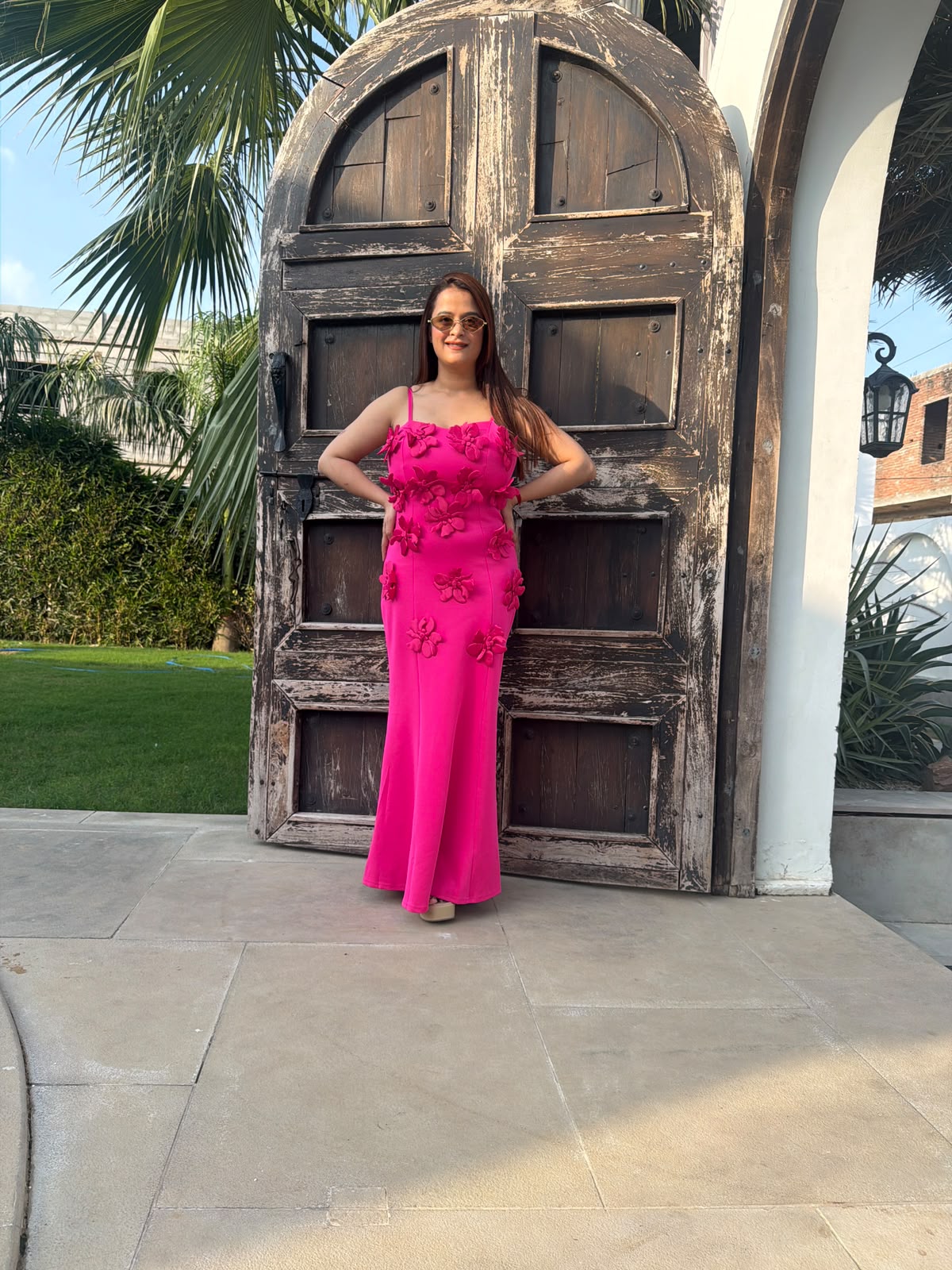 Beautiful  hot pink maxi dress adorned with delicate 3D floral PO162