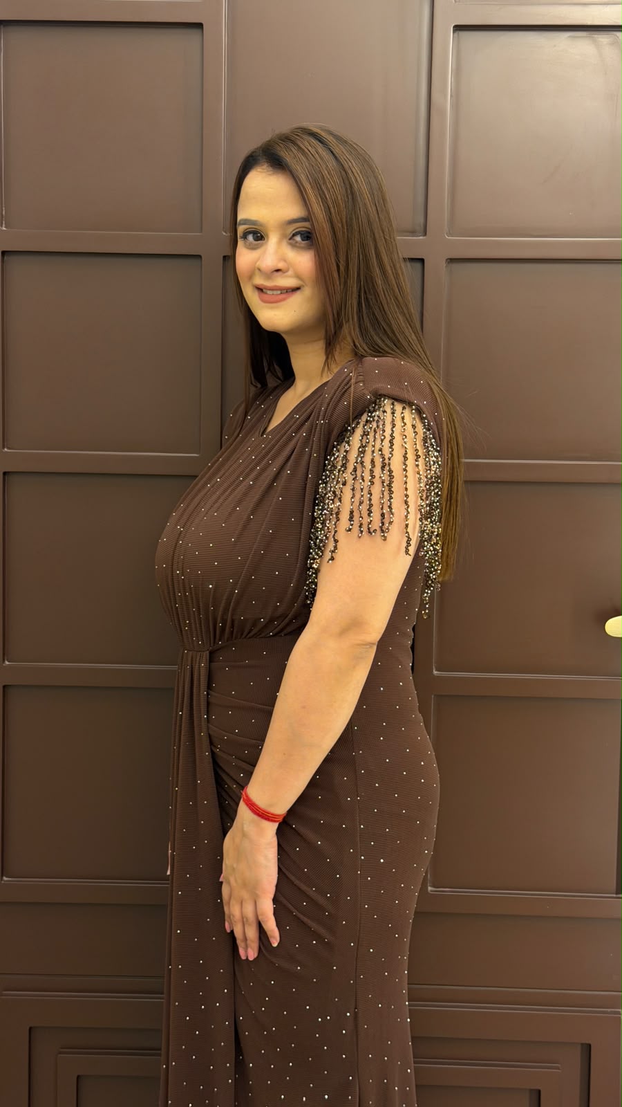 Elegant brown embellished draped long dress PO167