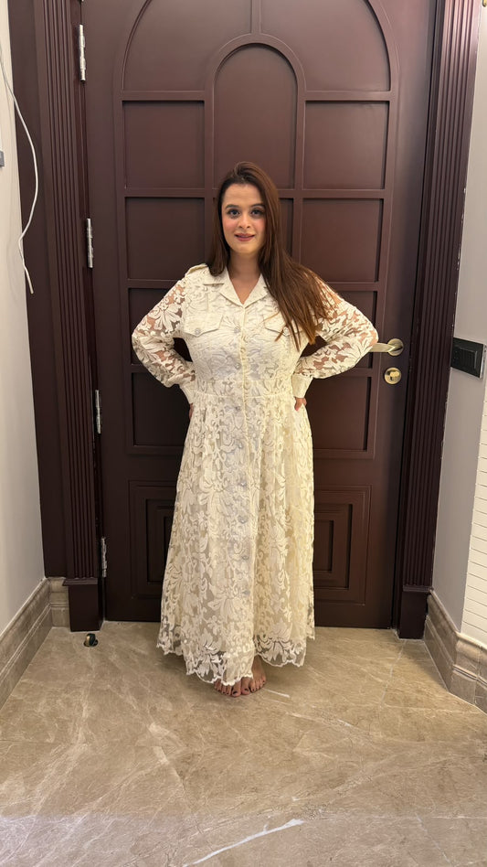 Elegant cream-colored floral lace button-down maxi shirt dress with long sleeves PO169