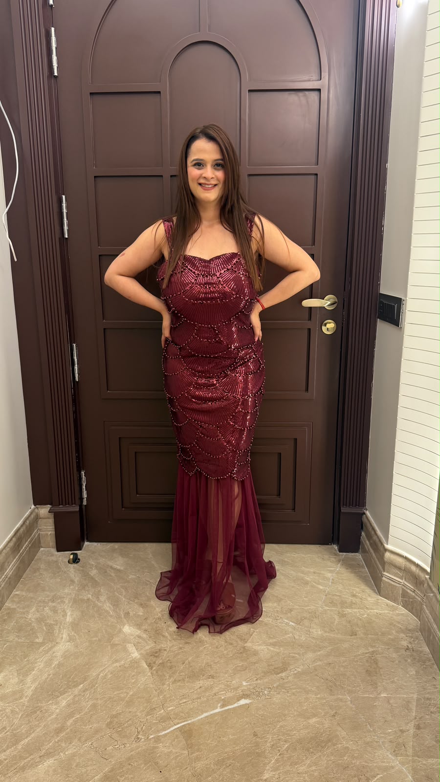 Elegant maroon sequined mermaid evening gown PO172
