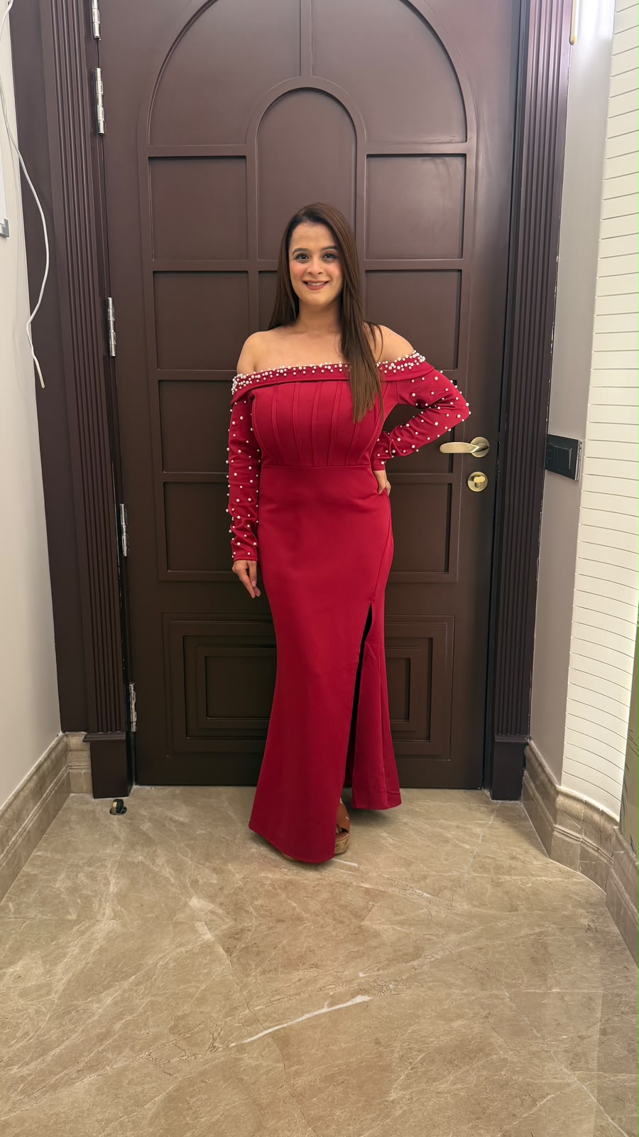 Beautiful off-shoulder long-sleeve evening gown PO176