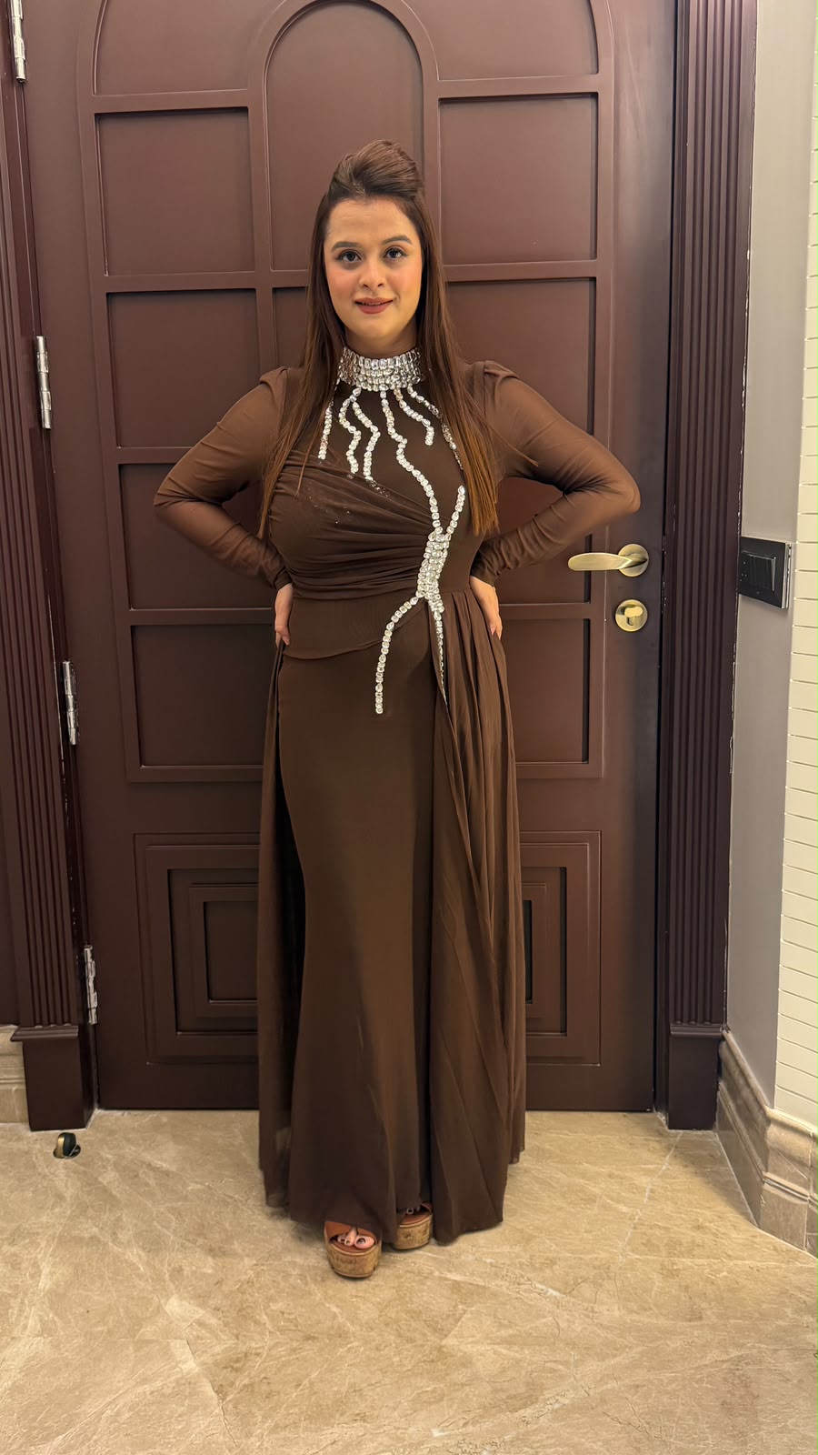 Beautiful evening gown featuring a high, crystal-embellished PO180