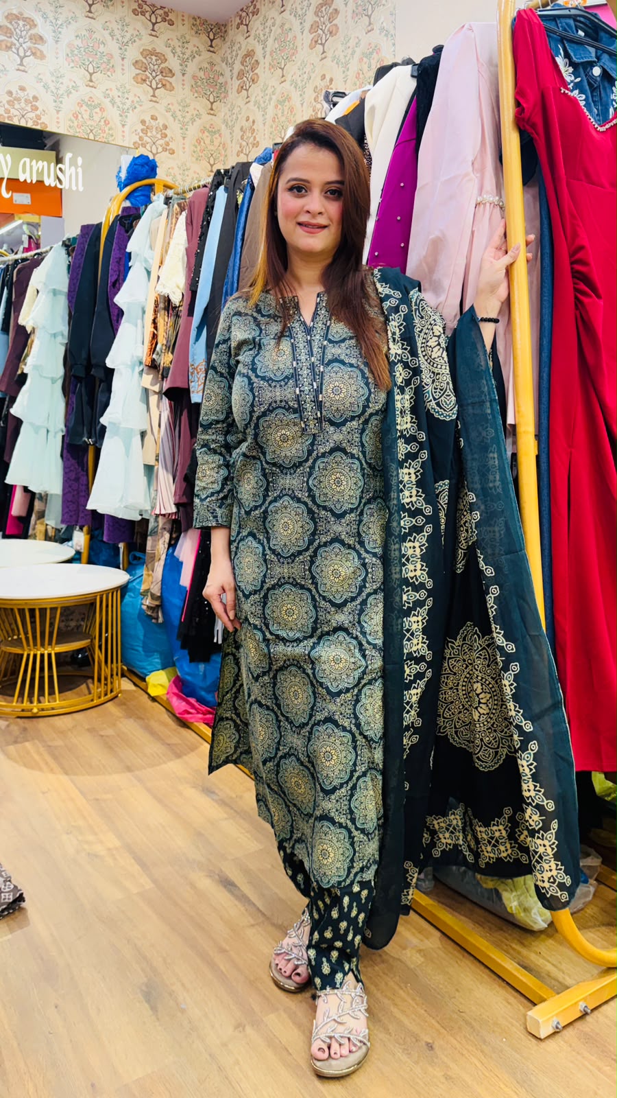 Elegant dark teal or navy blue printed straight kurta set PO185