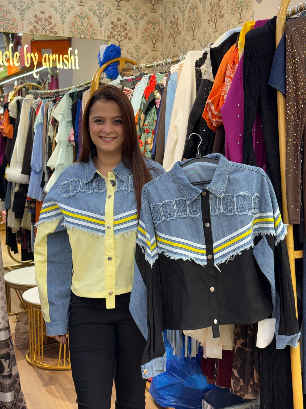Elegant color-blocked denim-paneled jacket PO189