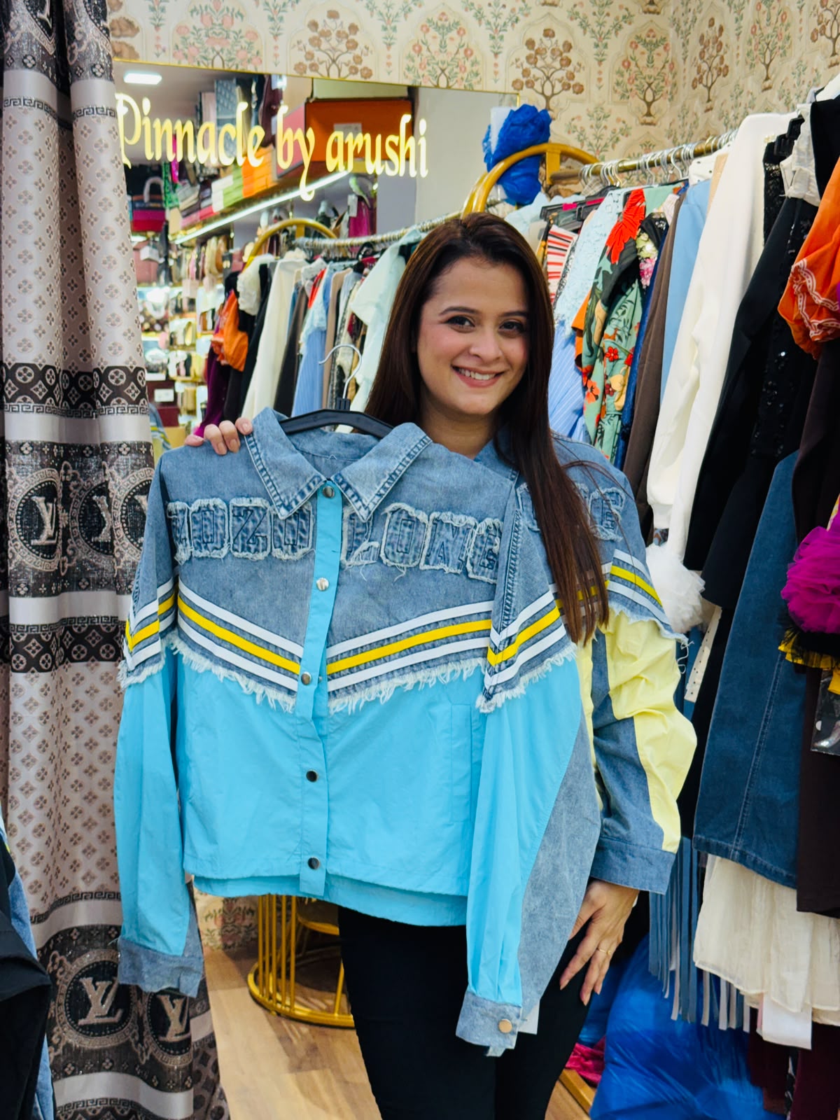 Elegant color-blocked denim-paneled jacket PO189