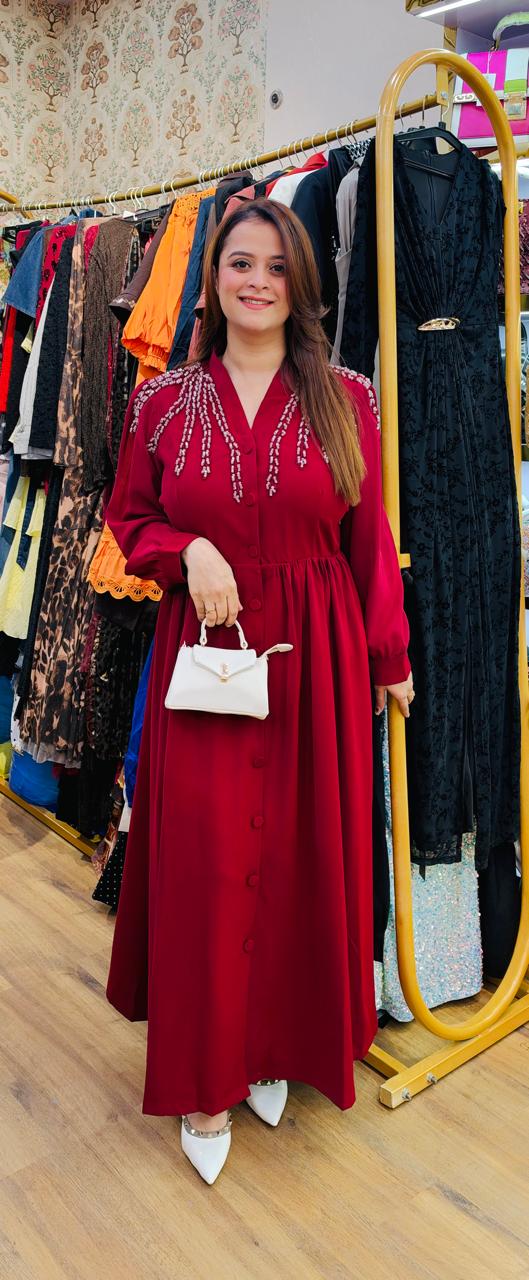 Elegant burgundy-red long-sleeve long dress PO194