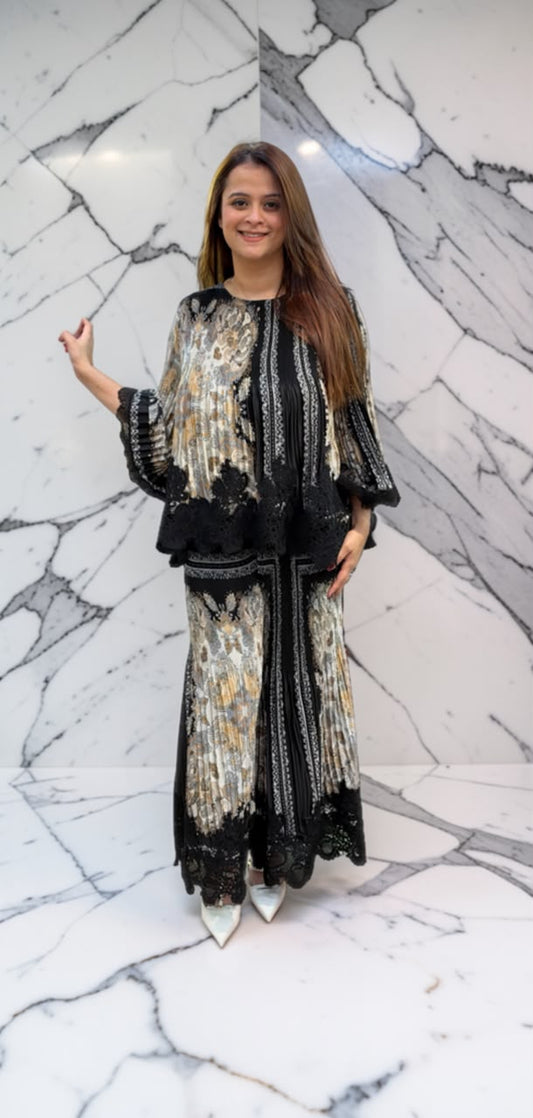 Elegant printed pleated two-piece coords PO198