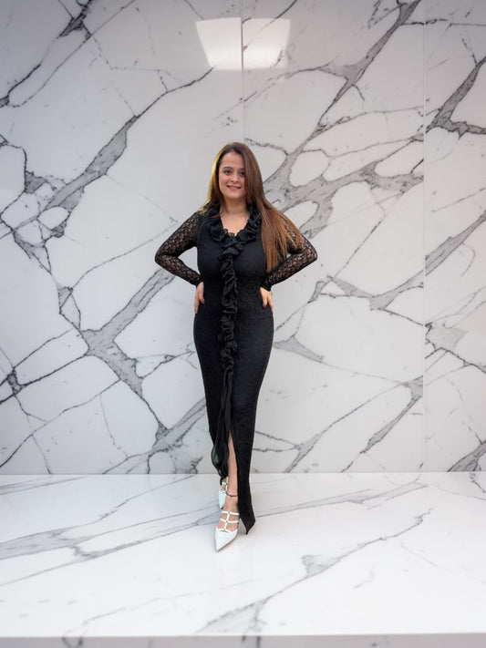 Elegant long-sleeve black lace long dress PO197