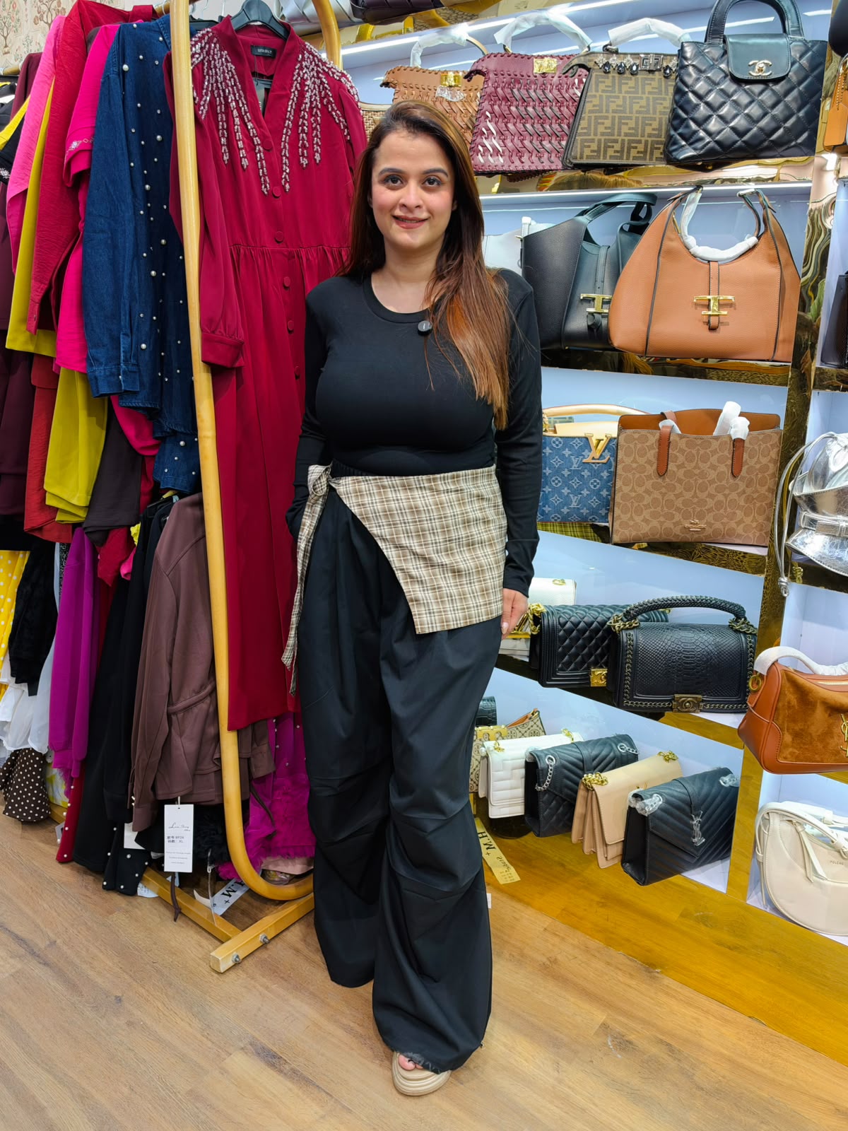 Elegant layered check-print and black wide-leg co-ord set/trousers PO201