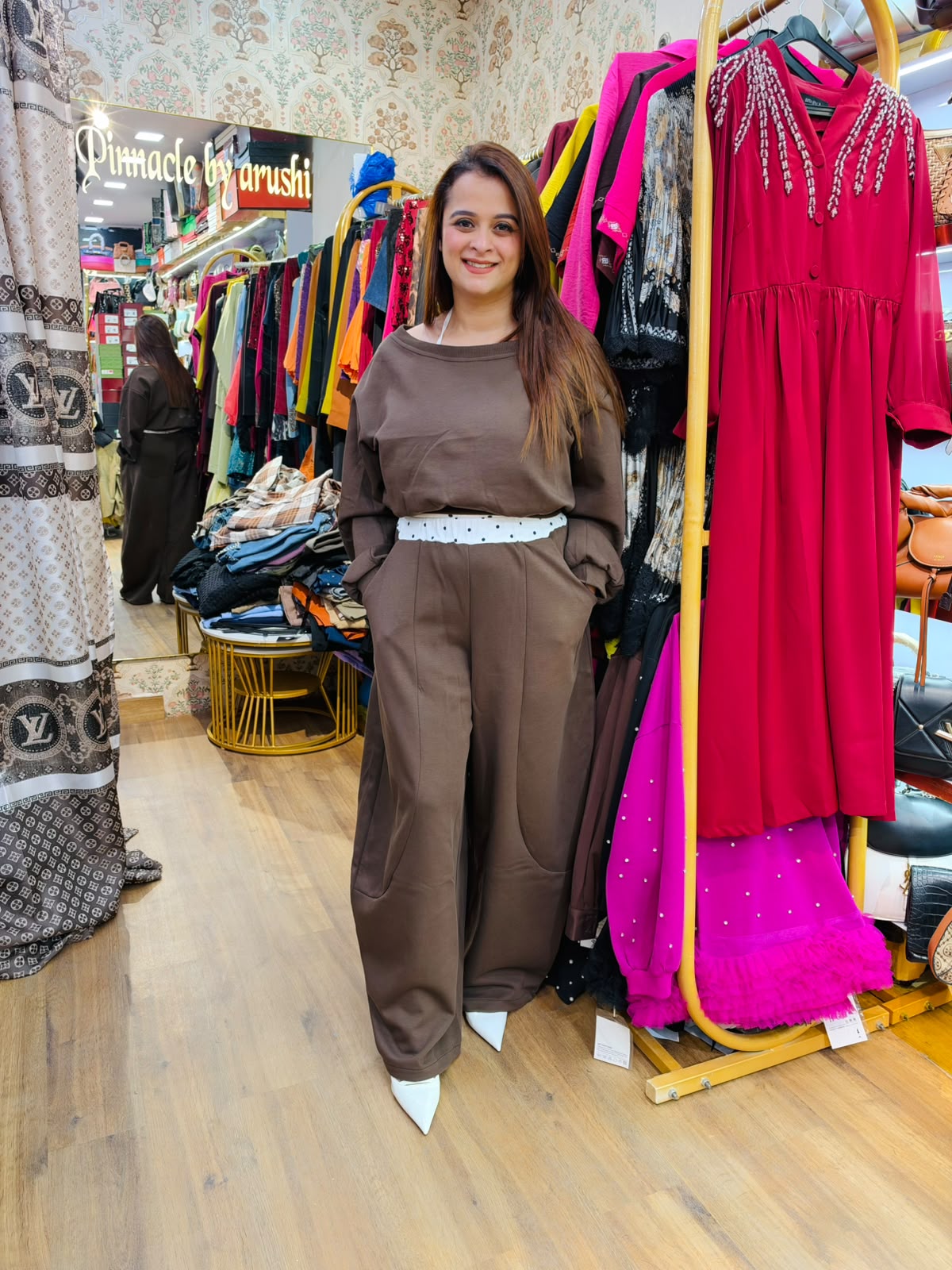 Elegant brown long-sleeve top and matching wide-leg pants co-ord set PO202