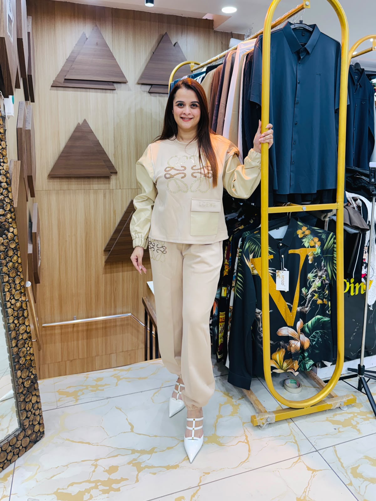Beautiful Beige co-ord set with patterned detailing PO206