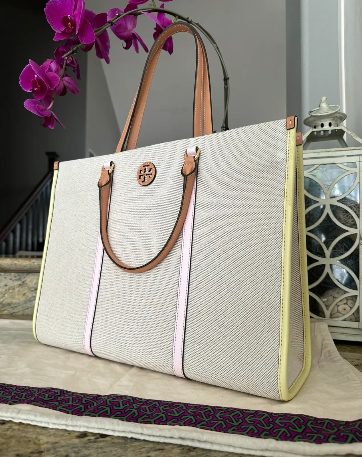 Tory Burch Perry T Monogram Triple-Compartment Tote Bag in various colors.  PO24