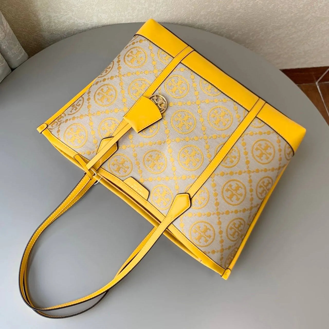 Tory Burch Perry T Monogram Triple-Compartment Tote Bag in various colors.  PO24